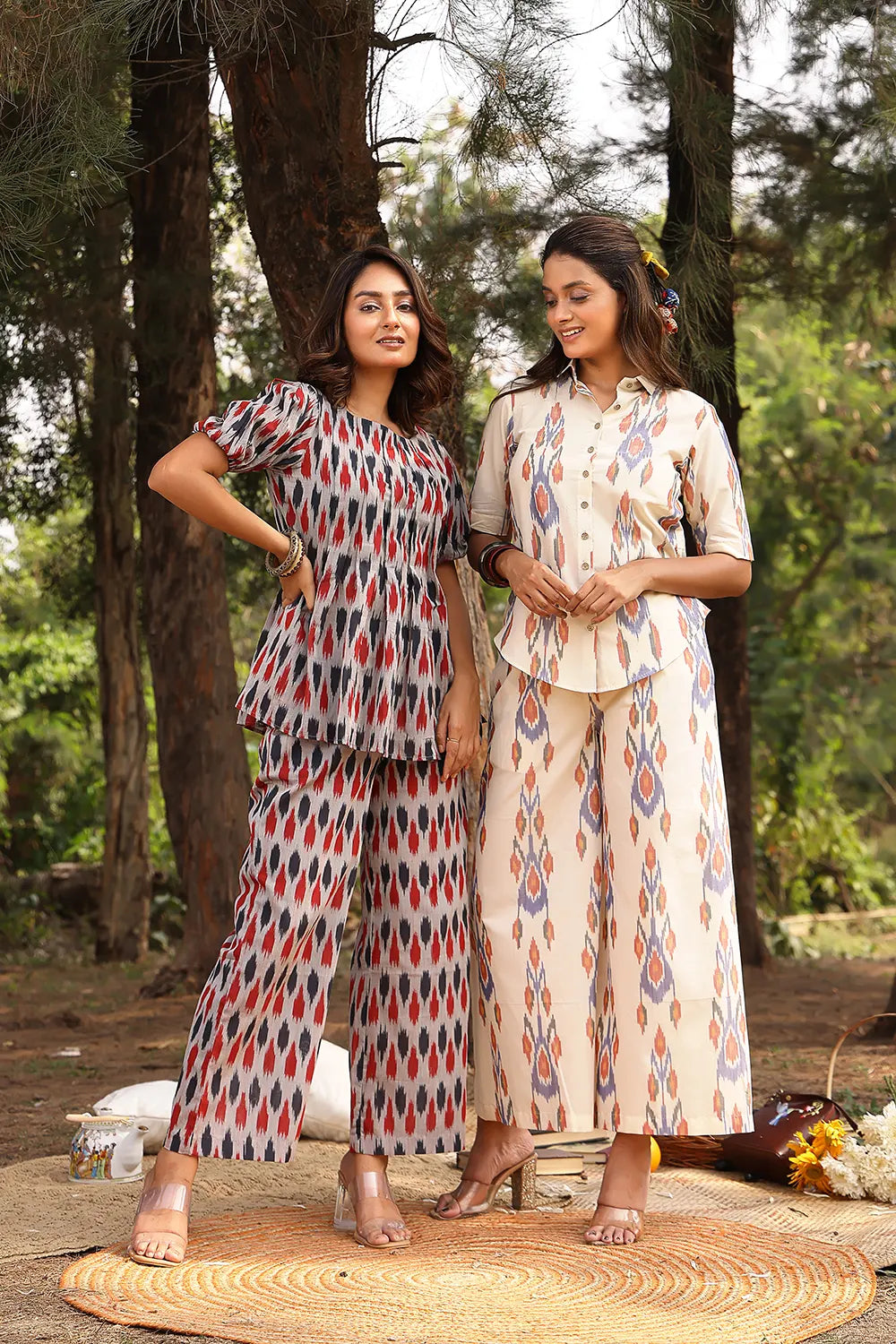 Lightweight Breathable Red and Blue Pure Cotton Ikat Co-ord Set for Everyday Wear