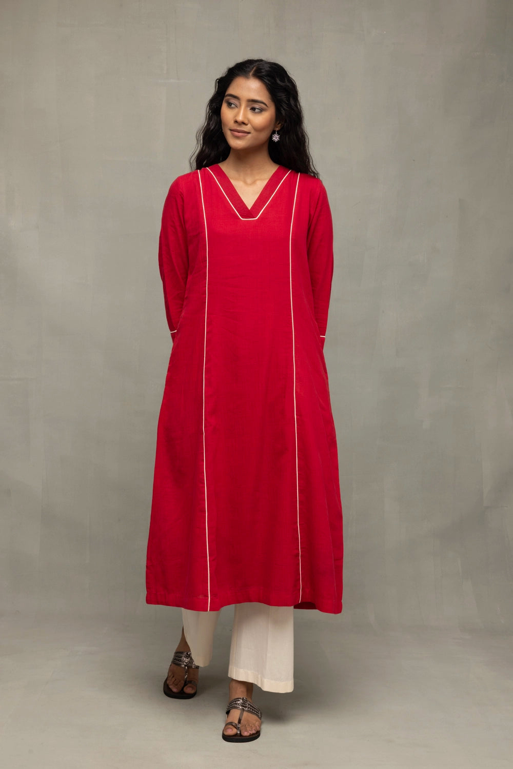Lightweight Breathable Red and White Pure Cotton Jamdani Kurta Set with Dupatta for Pujo