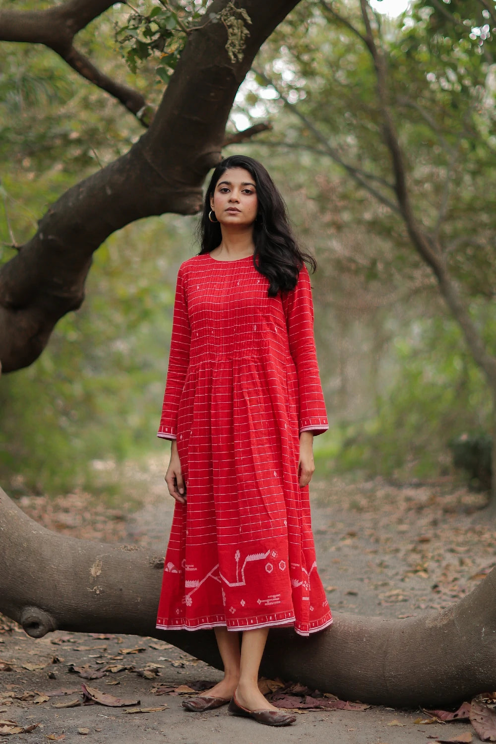 Lightweight Breathable Scarlet Red Cotton Jamdani Dress for Everyday Wear