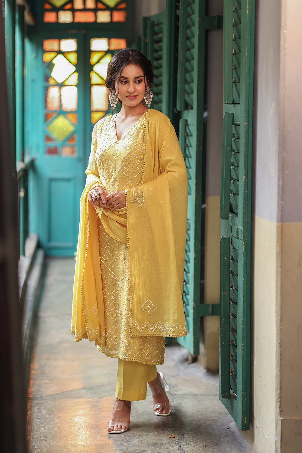 Lightweight Breathable Soft Yellow Mul Chanderi Bandhani Kurta Set for Everyday Wear
