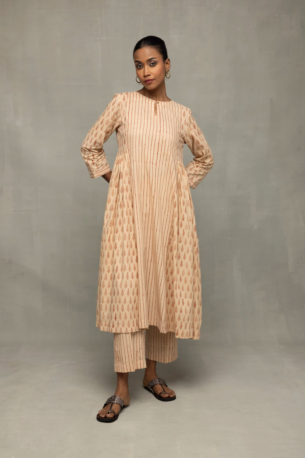 Lightweight Breathable Terracotta and Cream Cotton Kurta Set for Everyday Wear