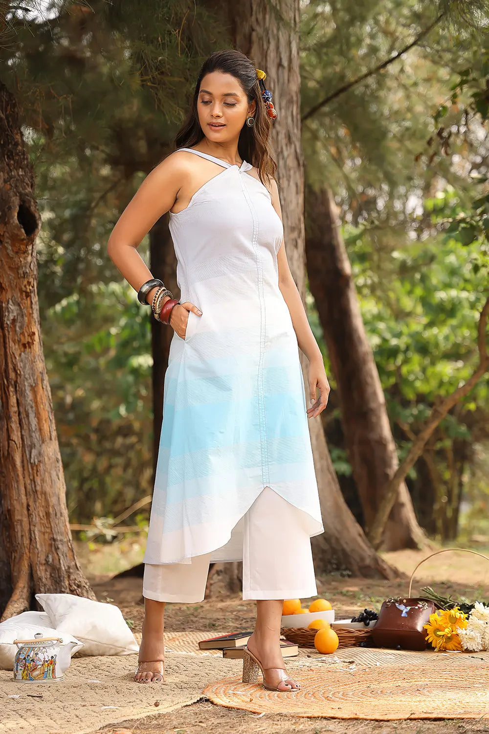 Lightweight Breathable White and Blue Stripes Pure Cotton Co-ord Set for Everyday Wear