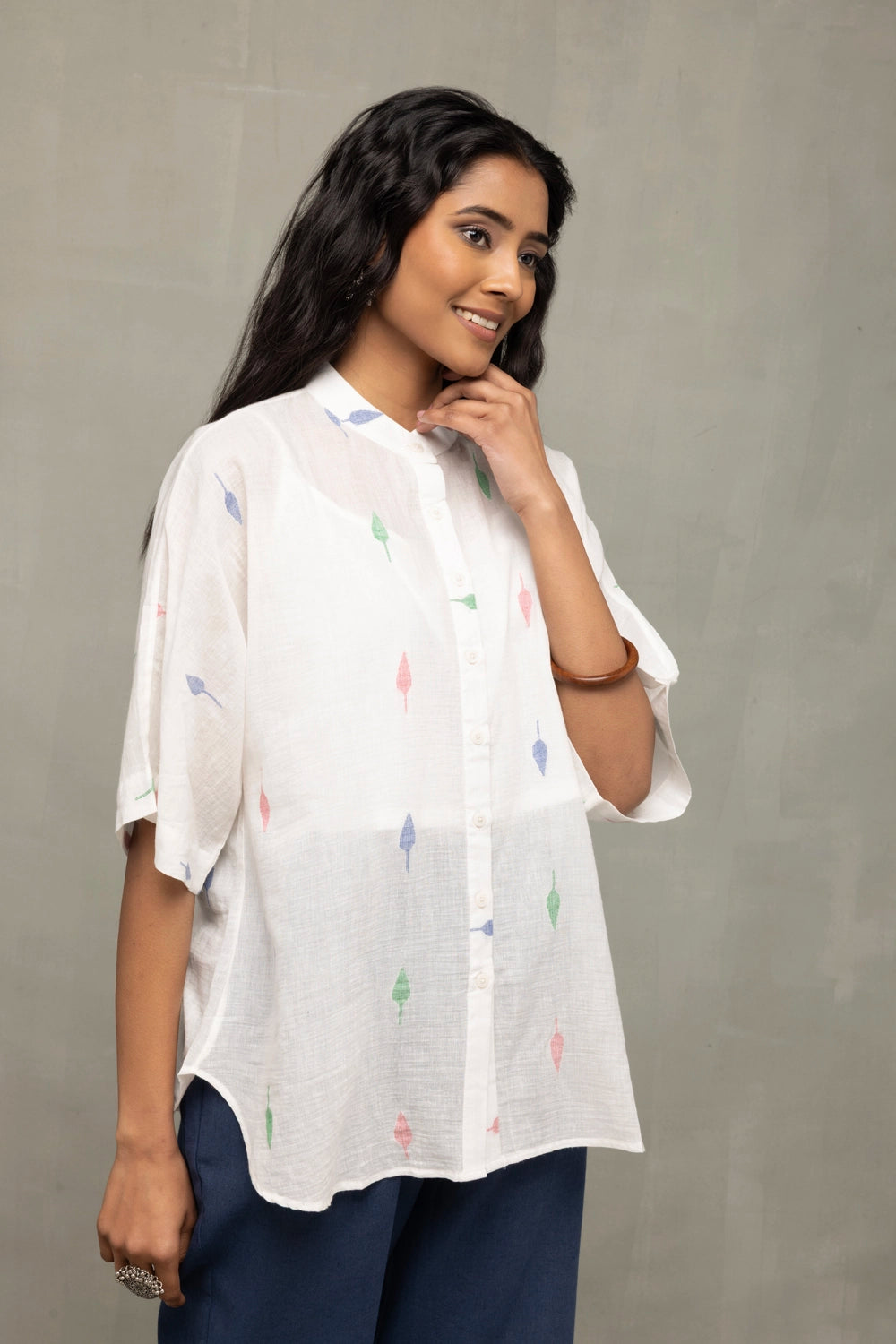 Lightweight Breathable White Leaf Cotton Jamdani Shirt for Summer Wear