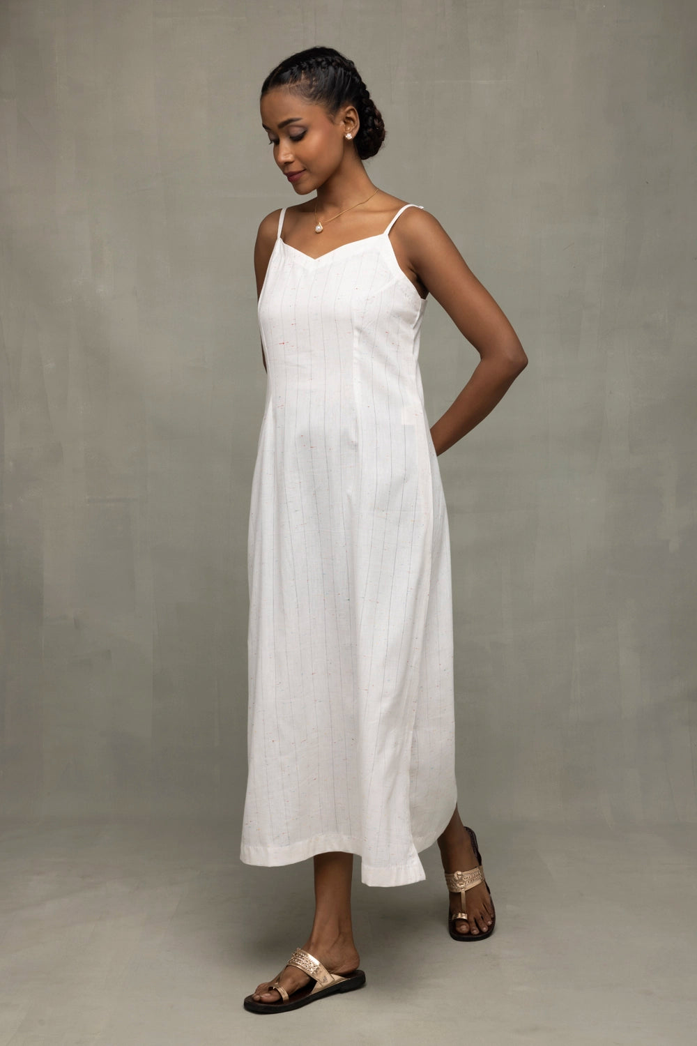 Lightweight Breathable White Silver Stripe Pure Cotton Dress for Everyday Wear
