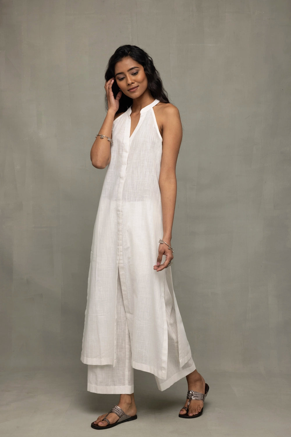 Lightweight Breathable White Slub Cotton Kurta Set with Jamdani Dupatta
