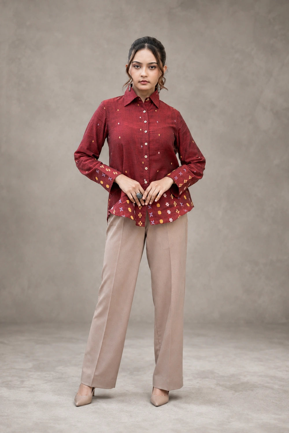 Maroon heritage handwoven pure cotton Jamdani shirt