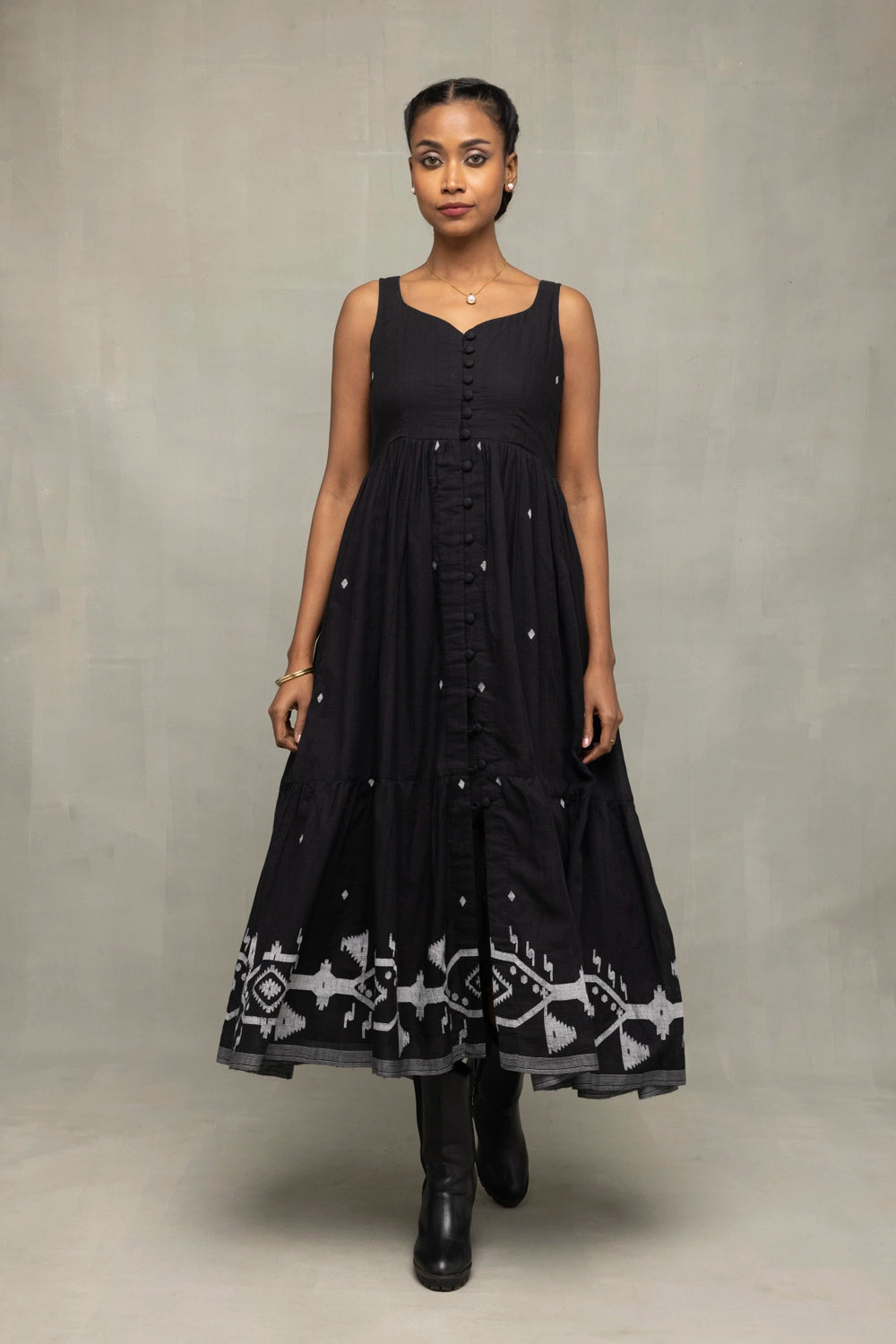 Midnight Black Jamdani Tiered Midi Dress for Summer and Resort Wear