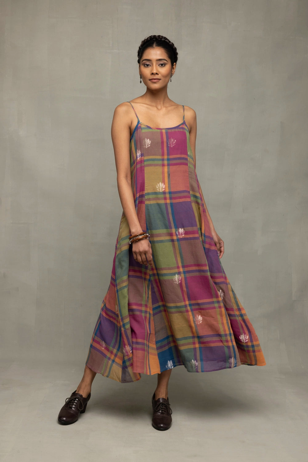 Multicolor Golden Shalpa Jamdani Dress with Golden Zari Weaving