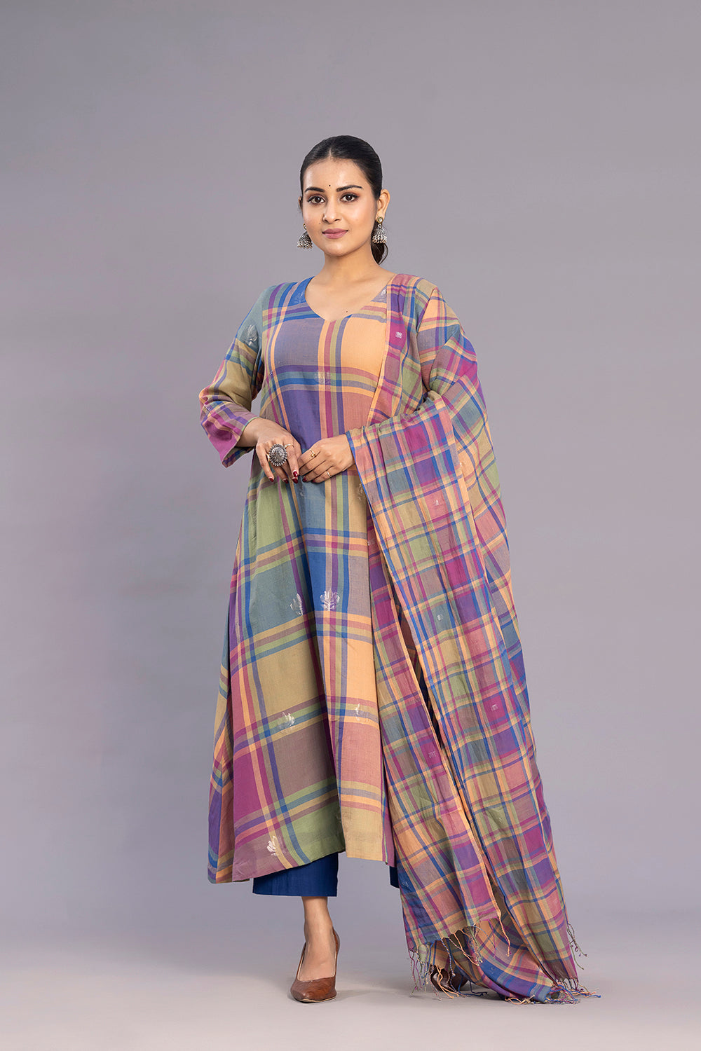 Multicolour Handwoven Jamdani Kurta Set with Dupatta for Summer Wear