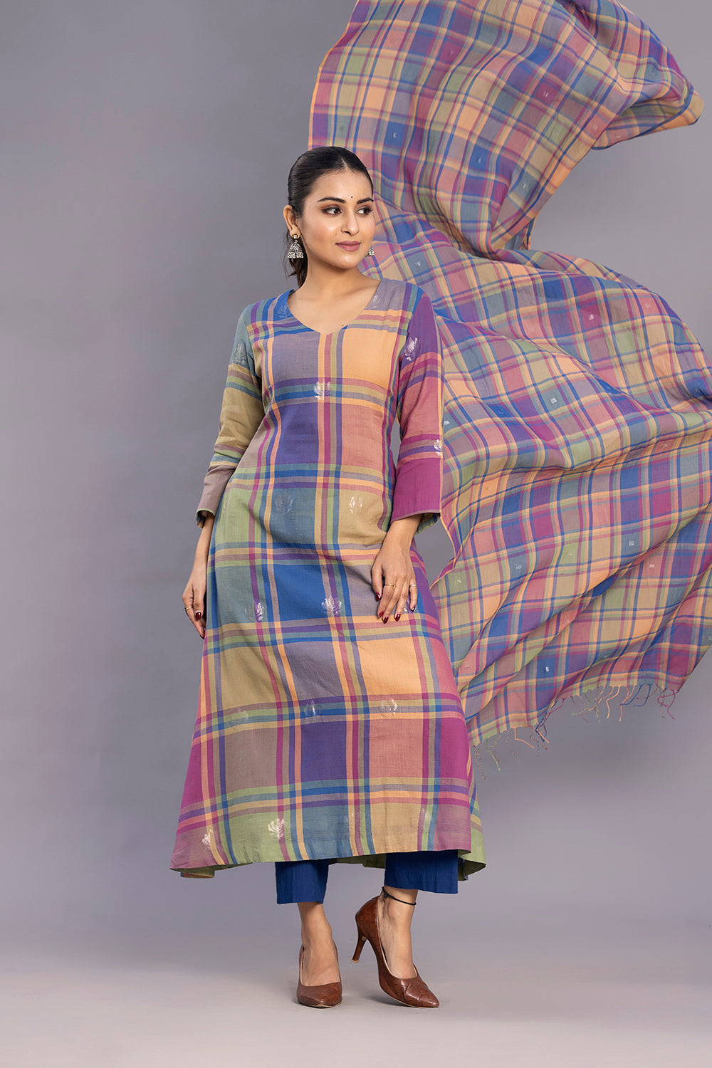 Vibrant Multicolour Handloom Jamdani Kurta Set with Dupatta for Casual Wear