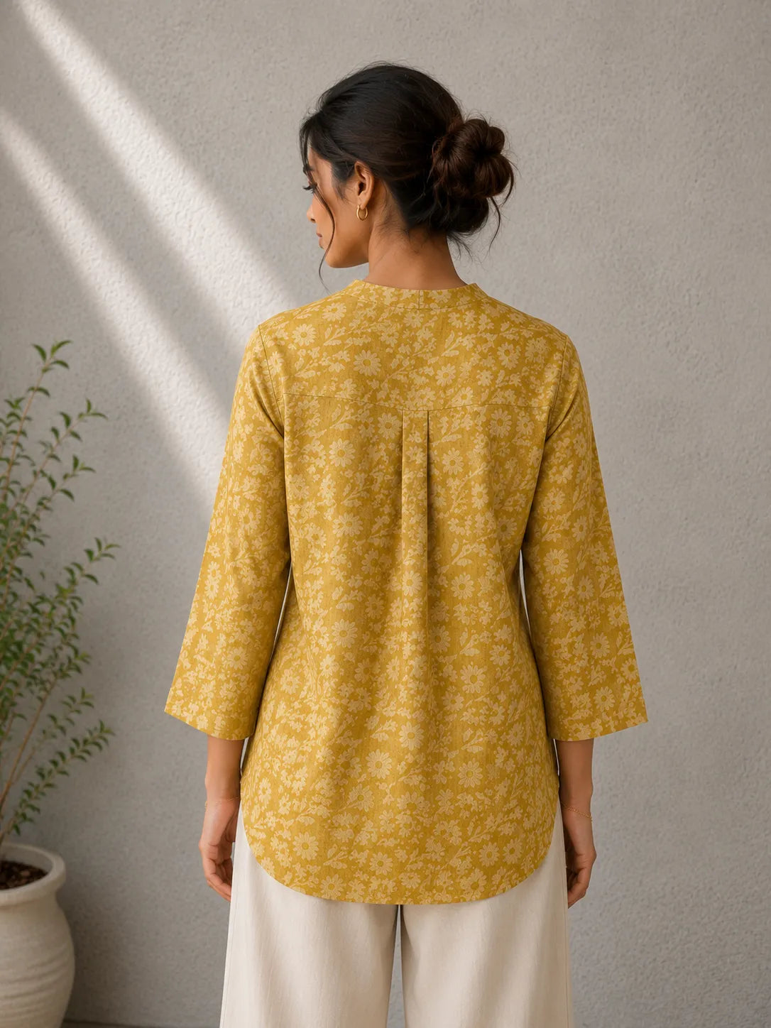 Back View of Mustard Hand Batik Khadi Cotton Top