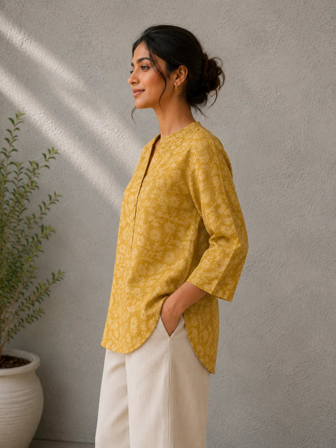 Mustard Hand Batik Khadi Cotton Top with Artisan Print