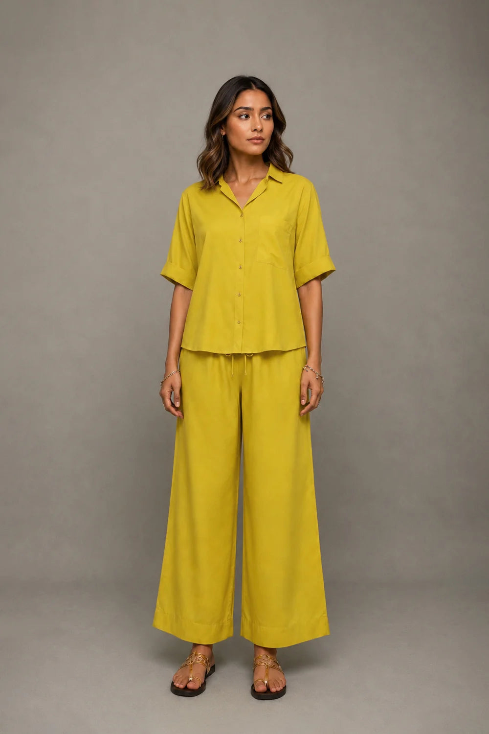 Mustard Yellow Co-ord Shirt Wide Leg Pant Set