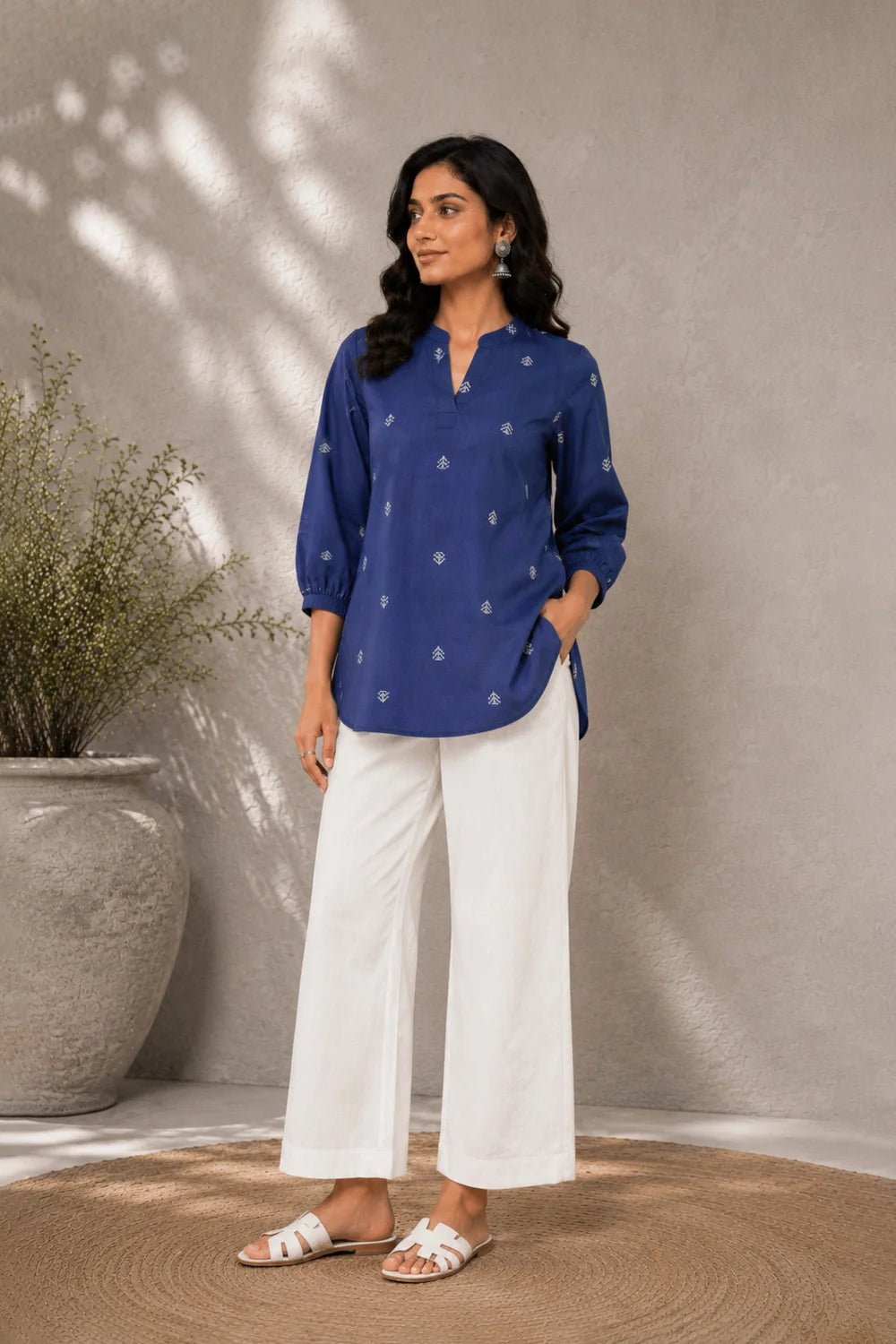 Navy Blue and White South Cotton Woven Co-ord Set