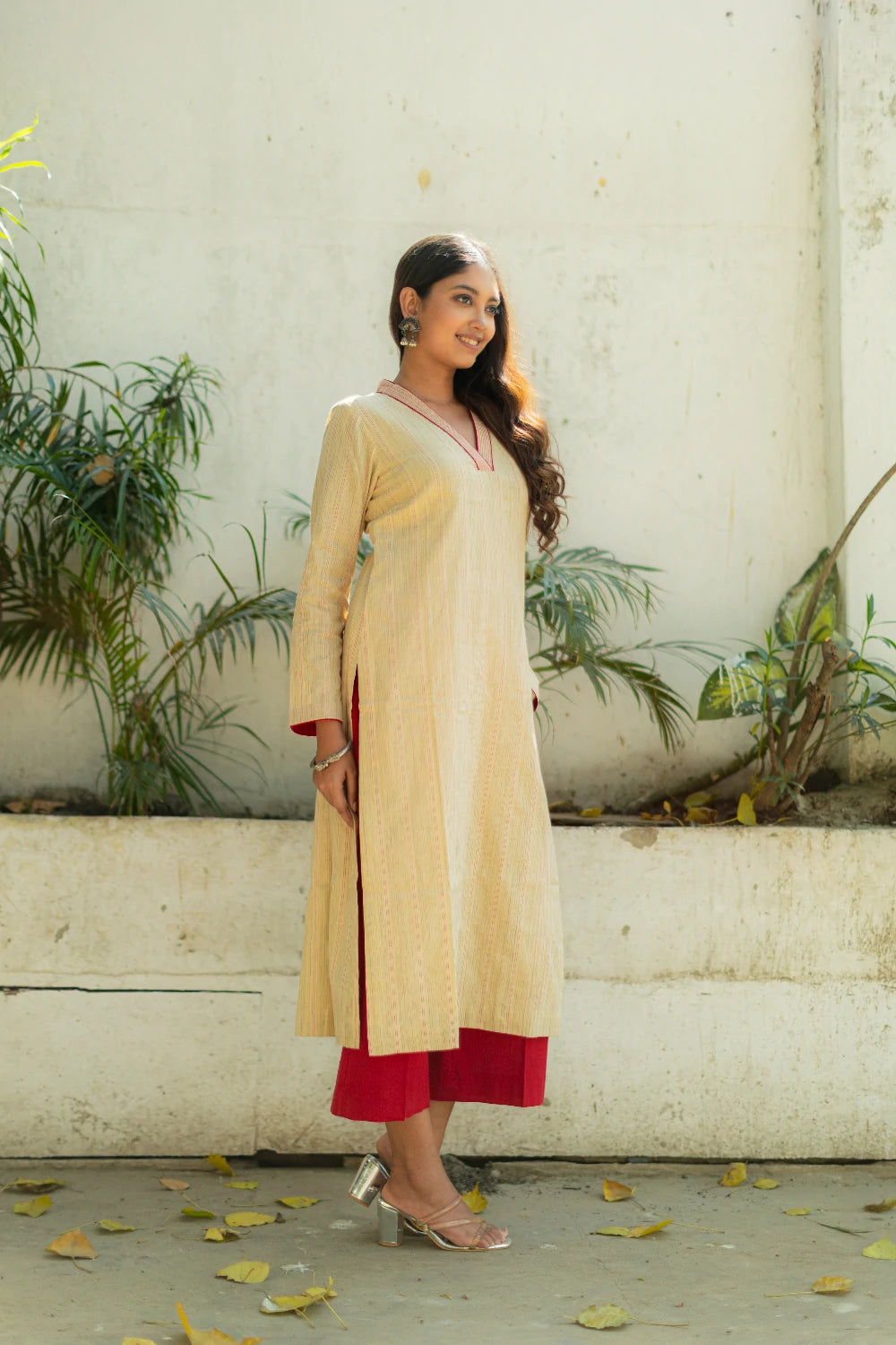 Off White Red South Cotton Woven Kurta Set with Dupatta for Casual Wear