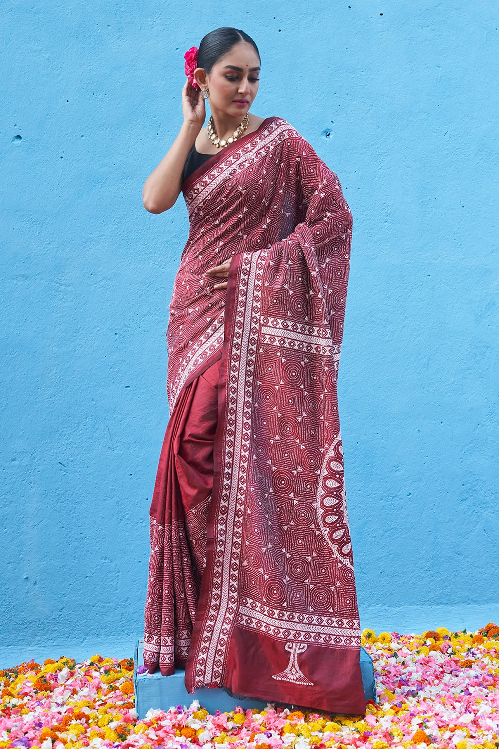 Handloom Burgundy Red Pure Silk Kantha Saree