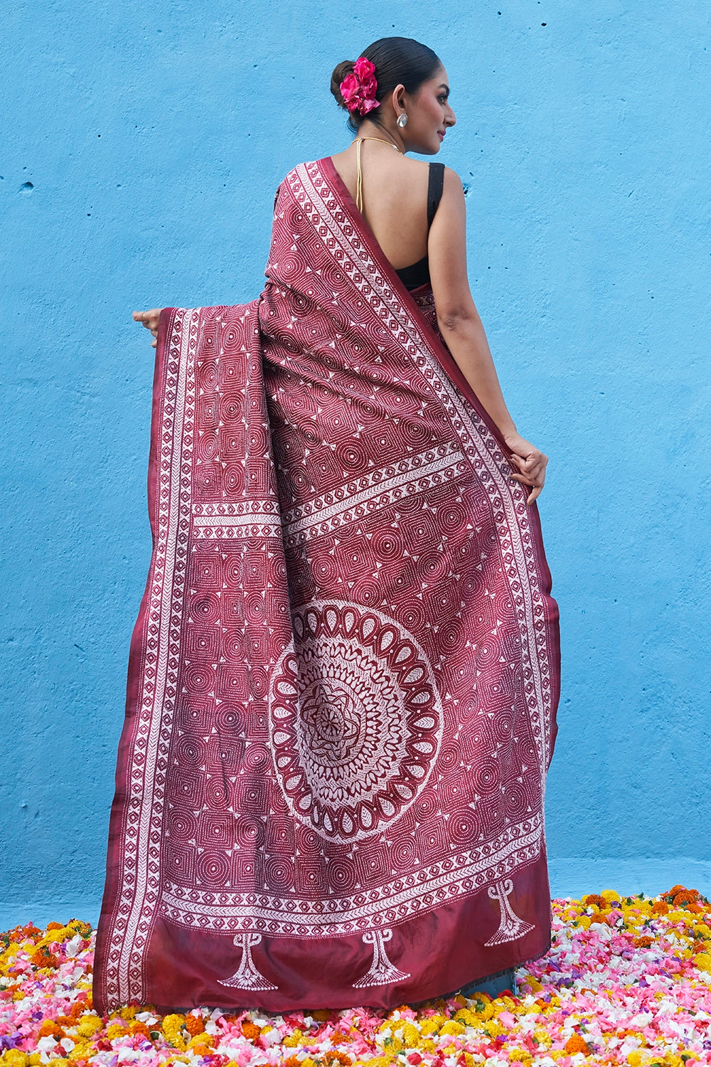 Handloom Burgundy Red Pure Silk Kantha Saree