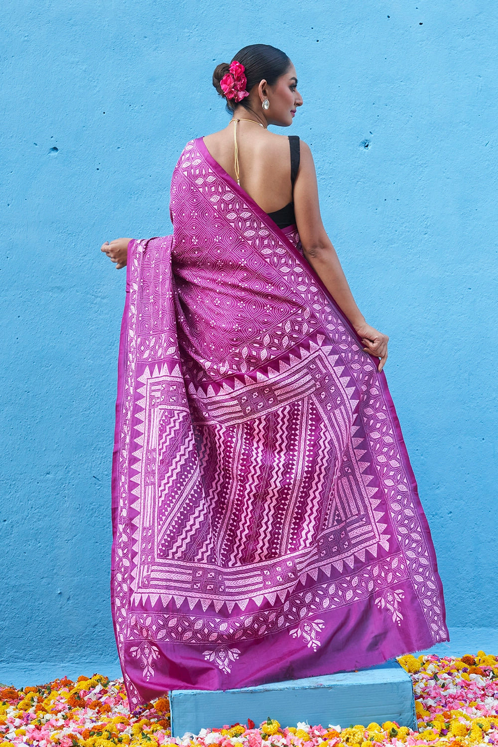 Handloom Mulberry Pink Pure Silk Kantha Saree