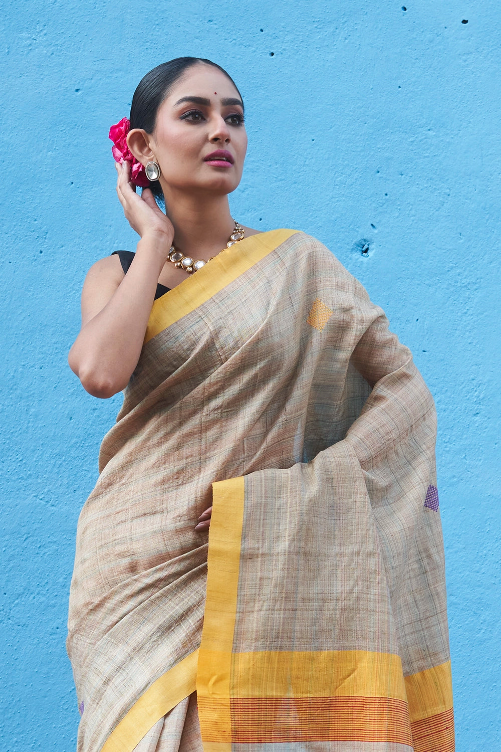 Handloom Yellow Multi Colour Pure Tussar Silk Saree