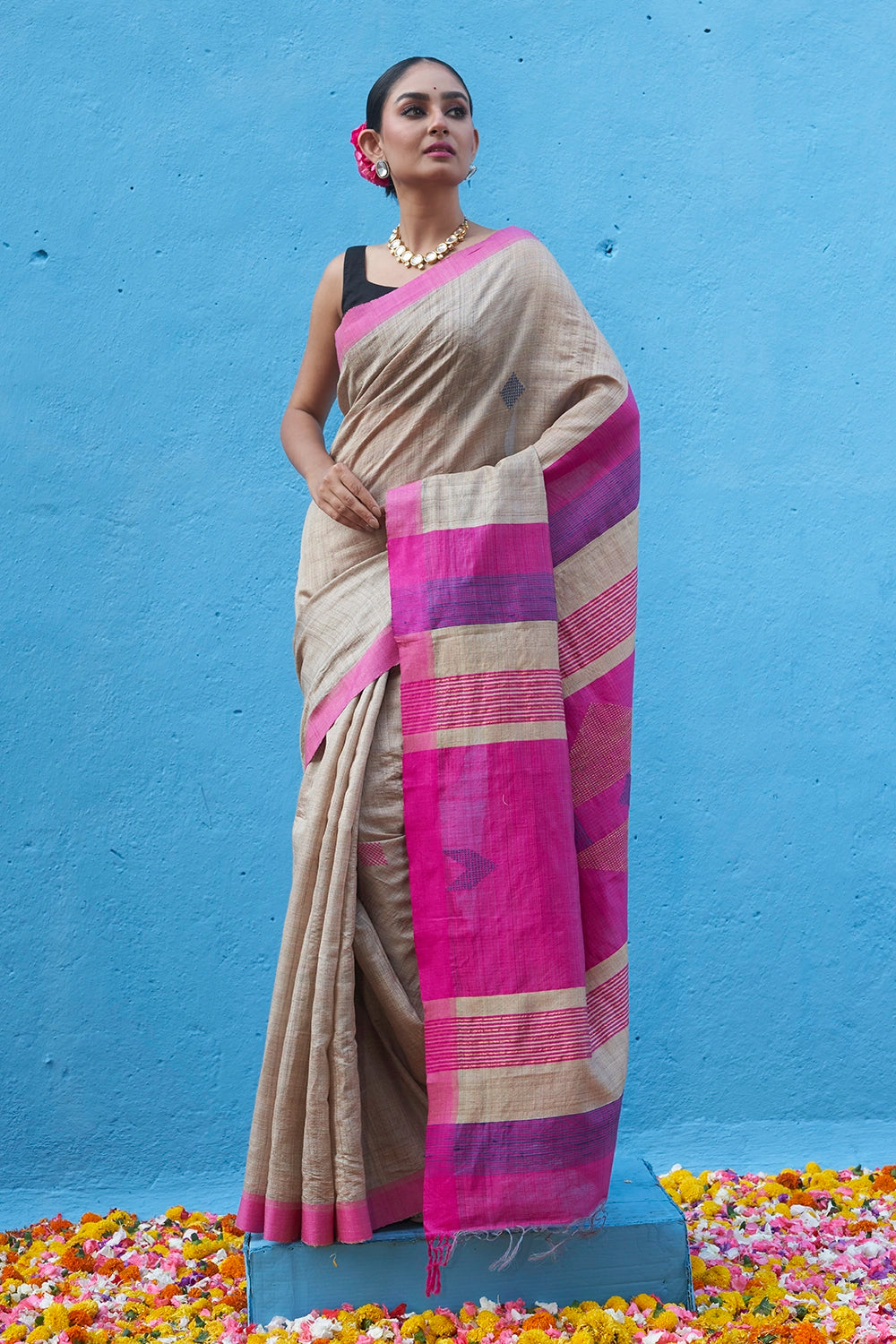 Handloom Pink Multi Colour Pure Tussar Silk Saree