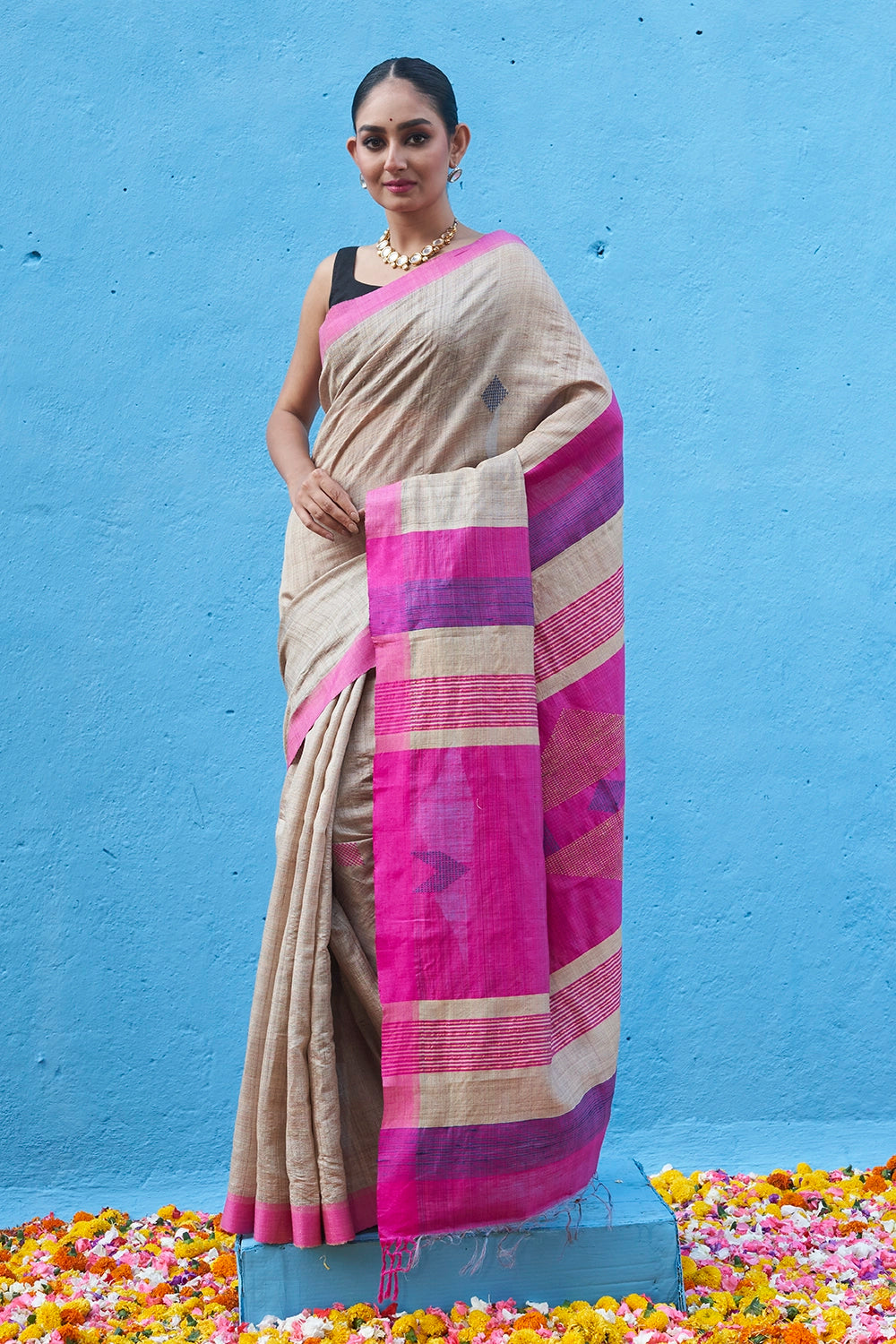 Handloom Pink Multi Colour Pure Tussar Silk Saree