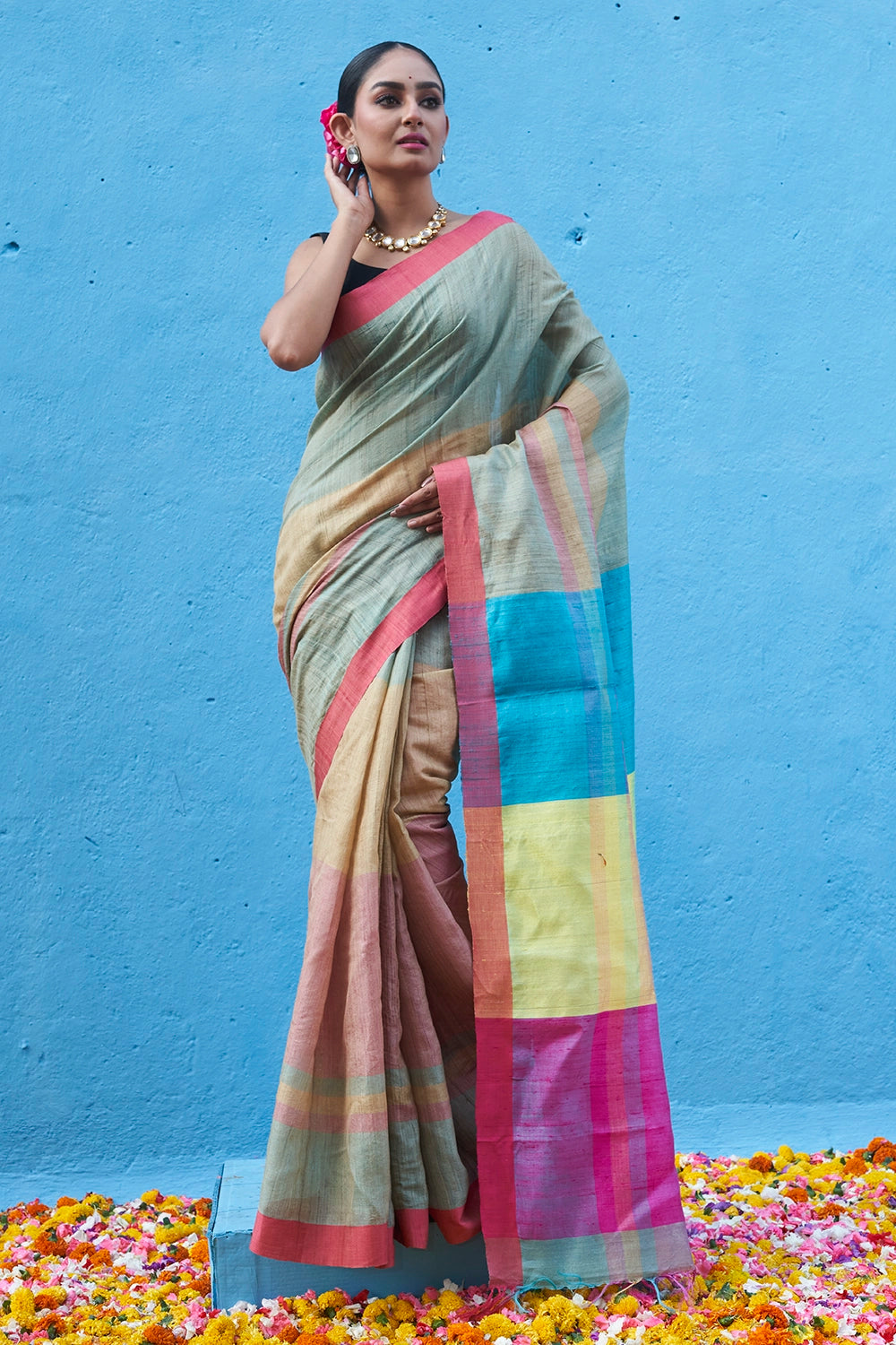 Handloom Pink Multi Colour Pure Tussar Silk Saree