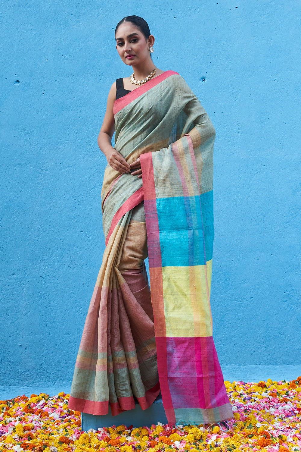 Handloom Pink Multi Colour Pure Tussar Silk Saree