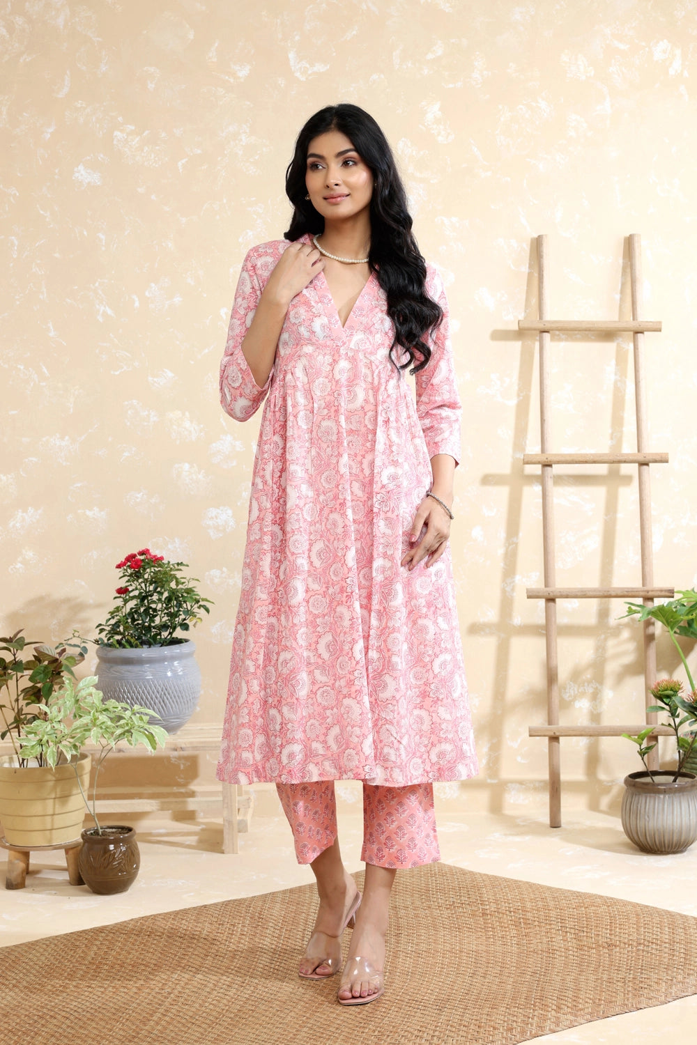 Pastel Pink Tiny Floral Block Print Pure Cotton Kurta Set for Weekend Wear