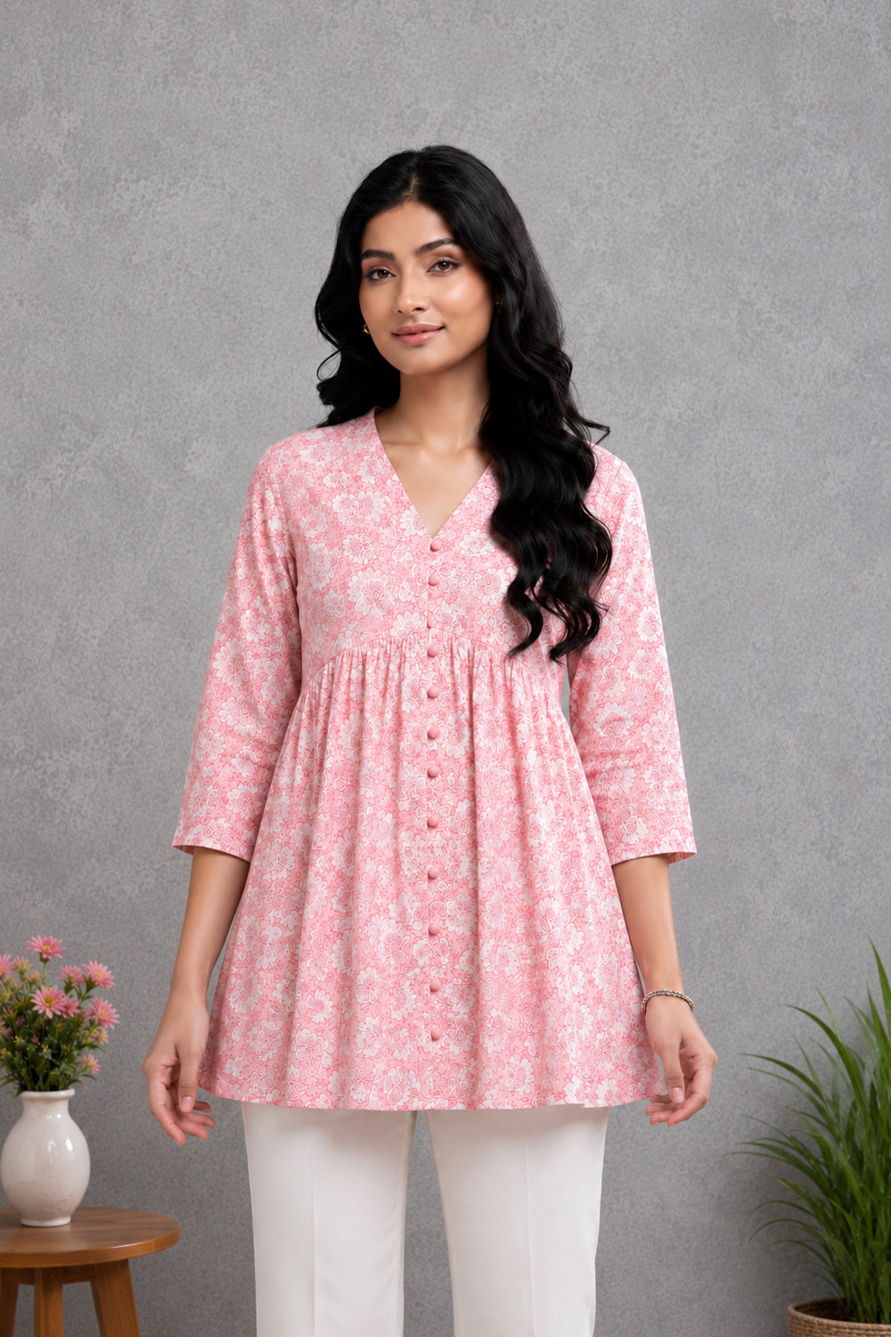 Pink Floral Printed Gathered Tunic Top