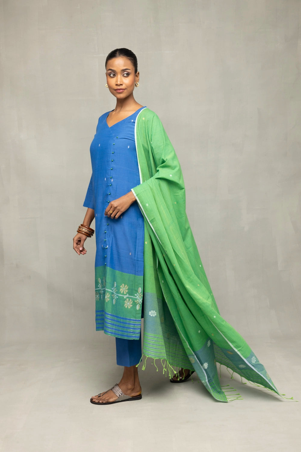 Premium Blue and Green Jamdani Kurta Set with Dupatta for Office Wear