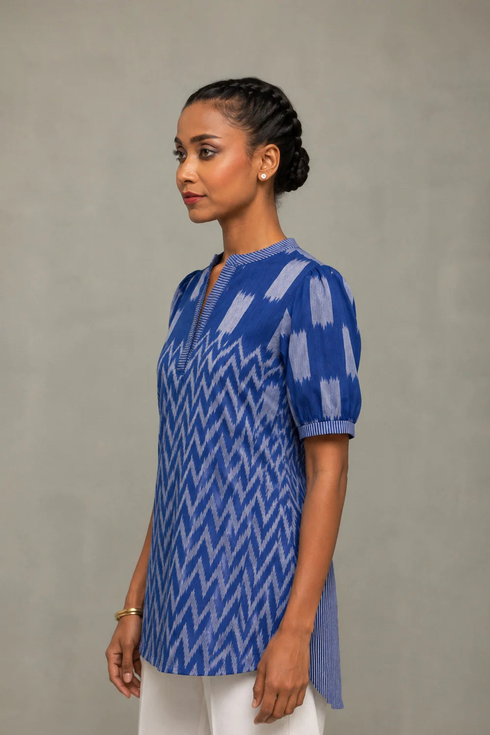 Premium Blue Handloom Abstract Ikkat Top for Office and Festive Wear
