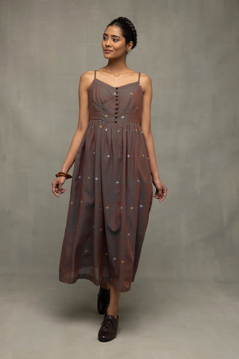 Premium Brown Duo Tone Jamdani Handwoven Midi Dress for Wedding Wear