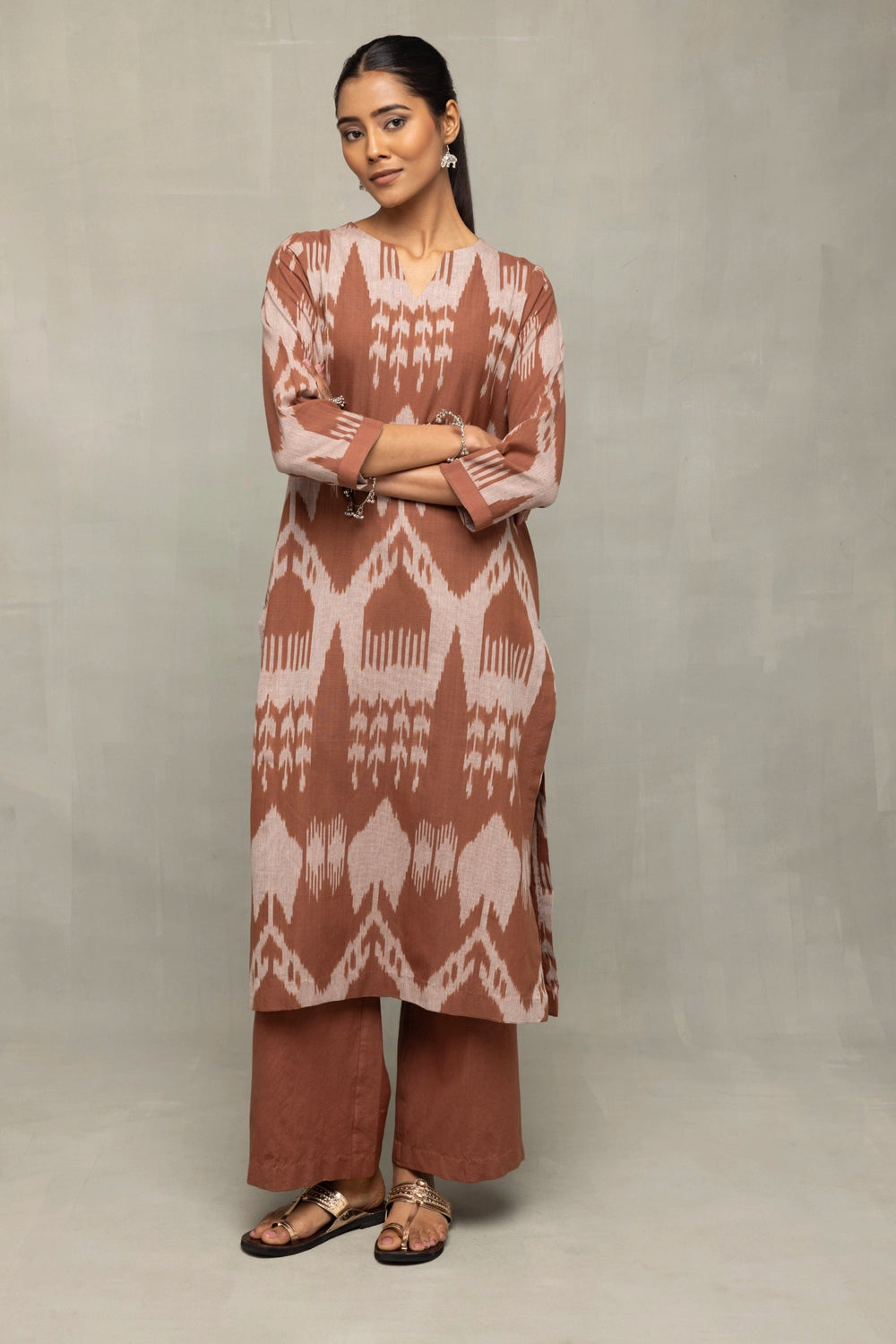 Premium Chocolate Brown Handloom Abstract Ikkat Co-ord Set for Office Wear