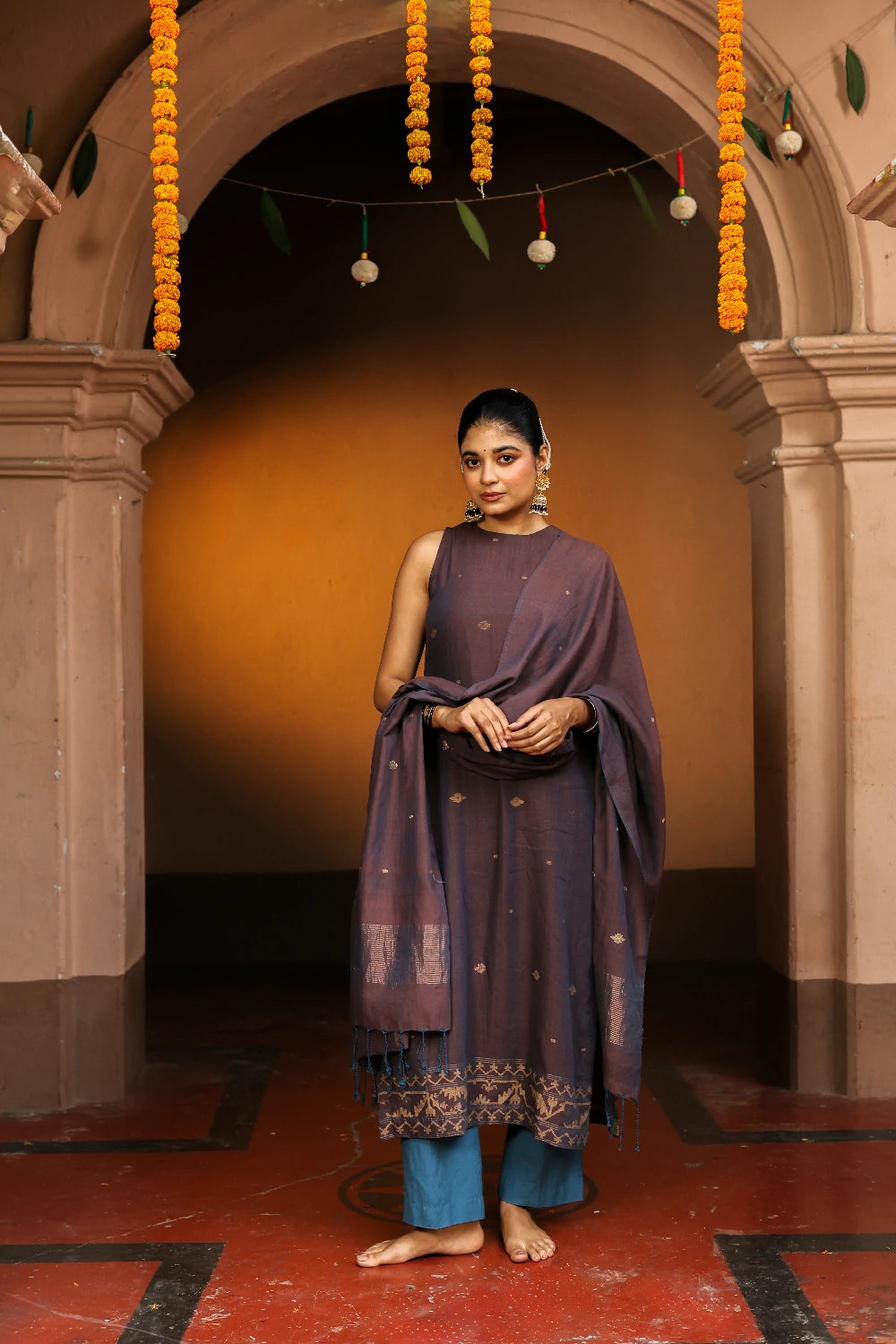 Premium Coca Cola Zari Jamdani Kurta Set with Dupatta for Wedding Wear
