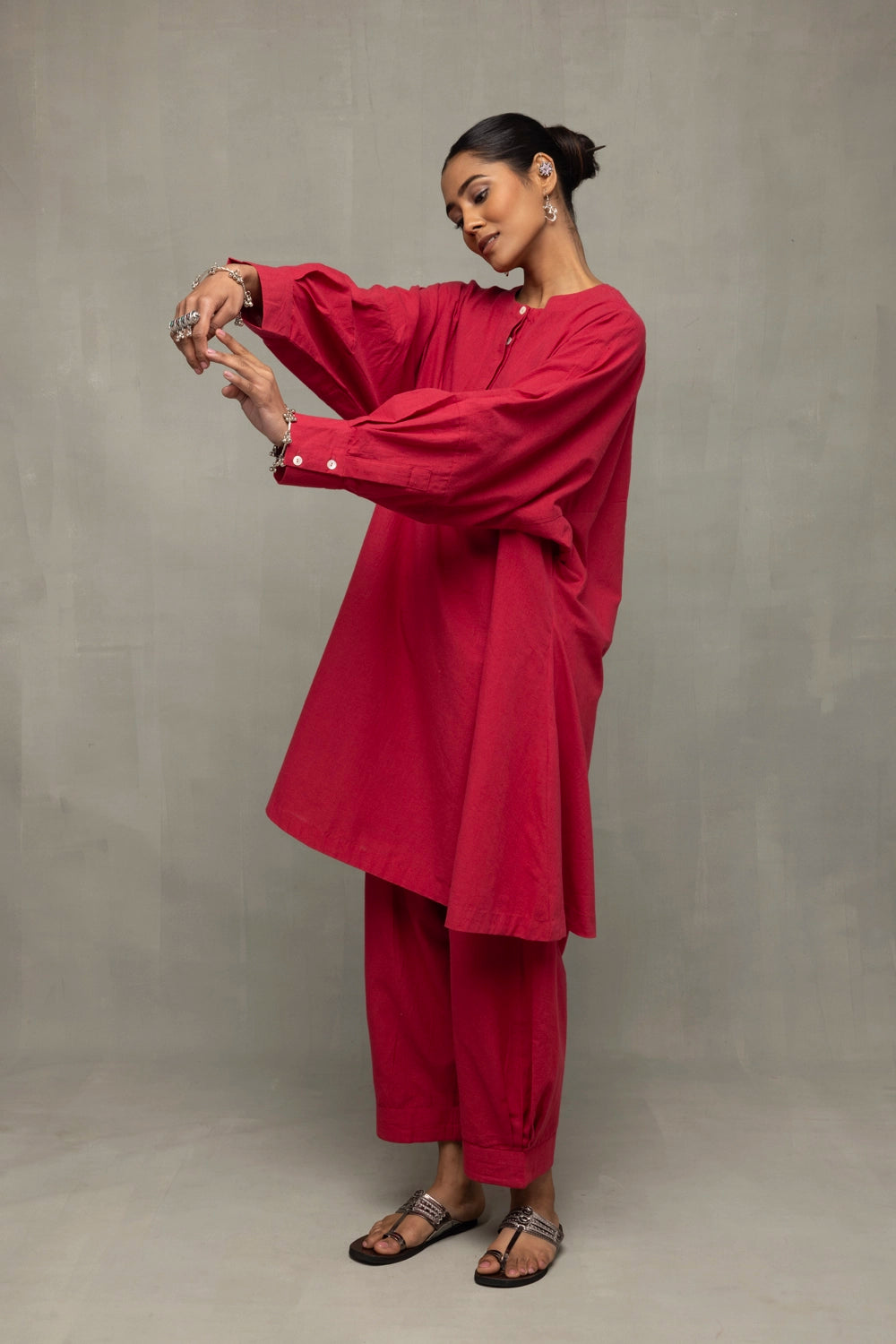 Premium Crimson Red Kala Cotton Oversized Co-ord Set for Weekend Wear