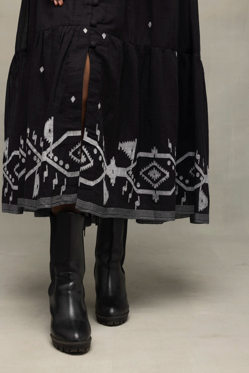 Premium Midnight Black Jamdani Tiered Midi Dress for Wedding and Festive Wear