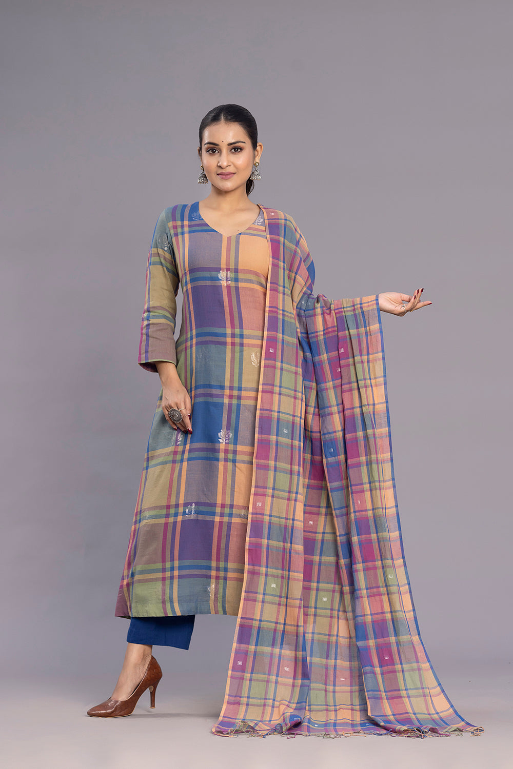 Premium Multicolour Handloom Jamdani Kurta Set with Dupatta for Wedding Wear