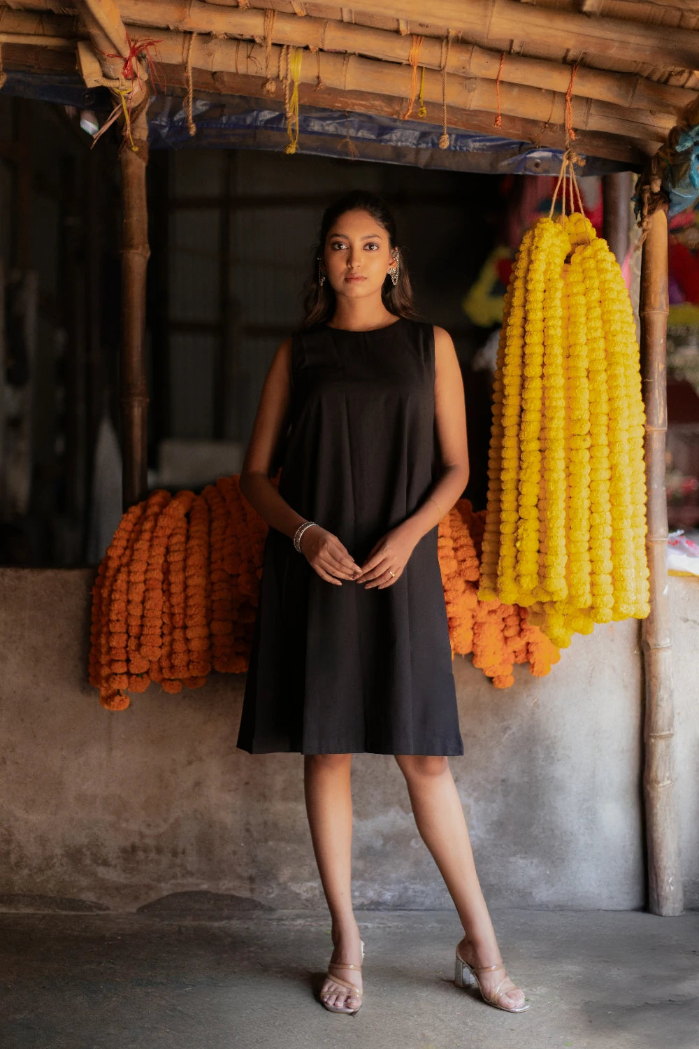 Premium Noir Black South Cotton Dress with Shrug for Office Wear