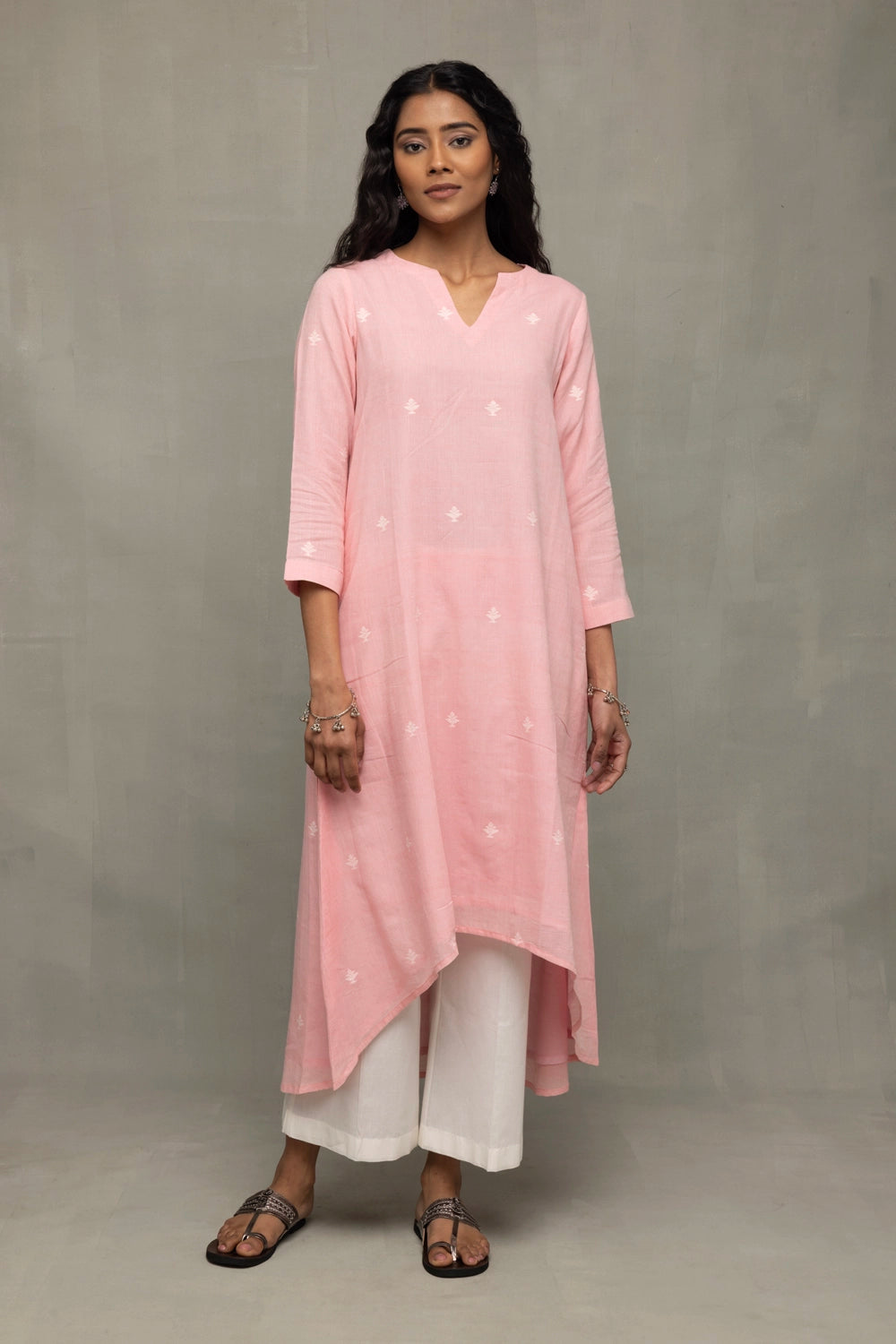 Premium Petal Pink Handwoven Jamdani Kurta Set with Dupatta for Wedding Wear