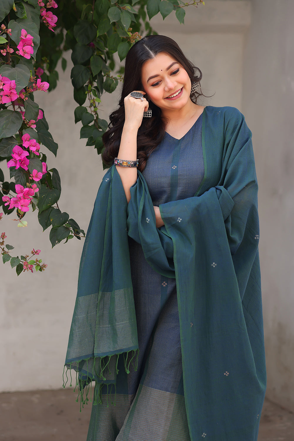 Premium Teal Jamdani Kurta Set with Silver Zari Border for Wedding Wear