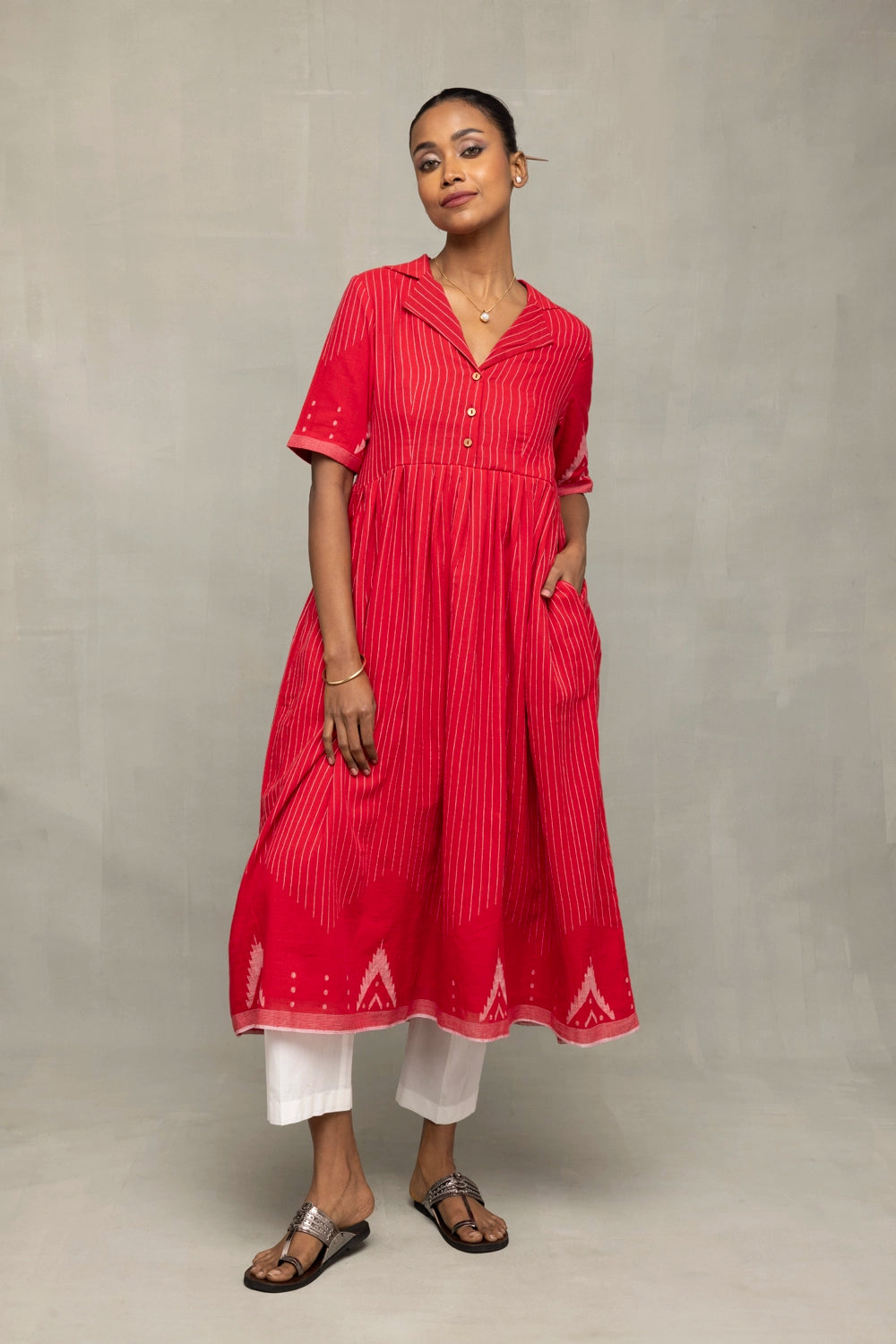 Red and White Temple Jamdani Pujo Kurta Set