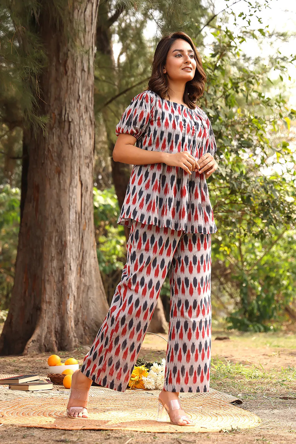 Red Blue Pure Cotton Ikat Co-ord Set
