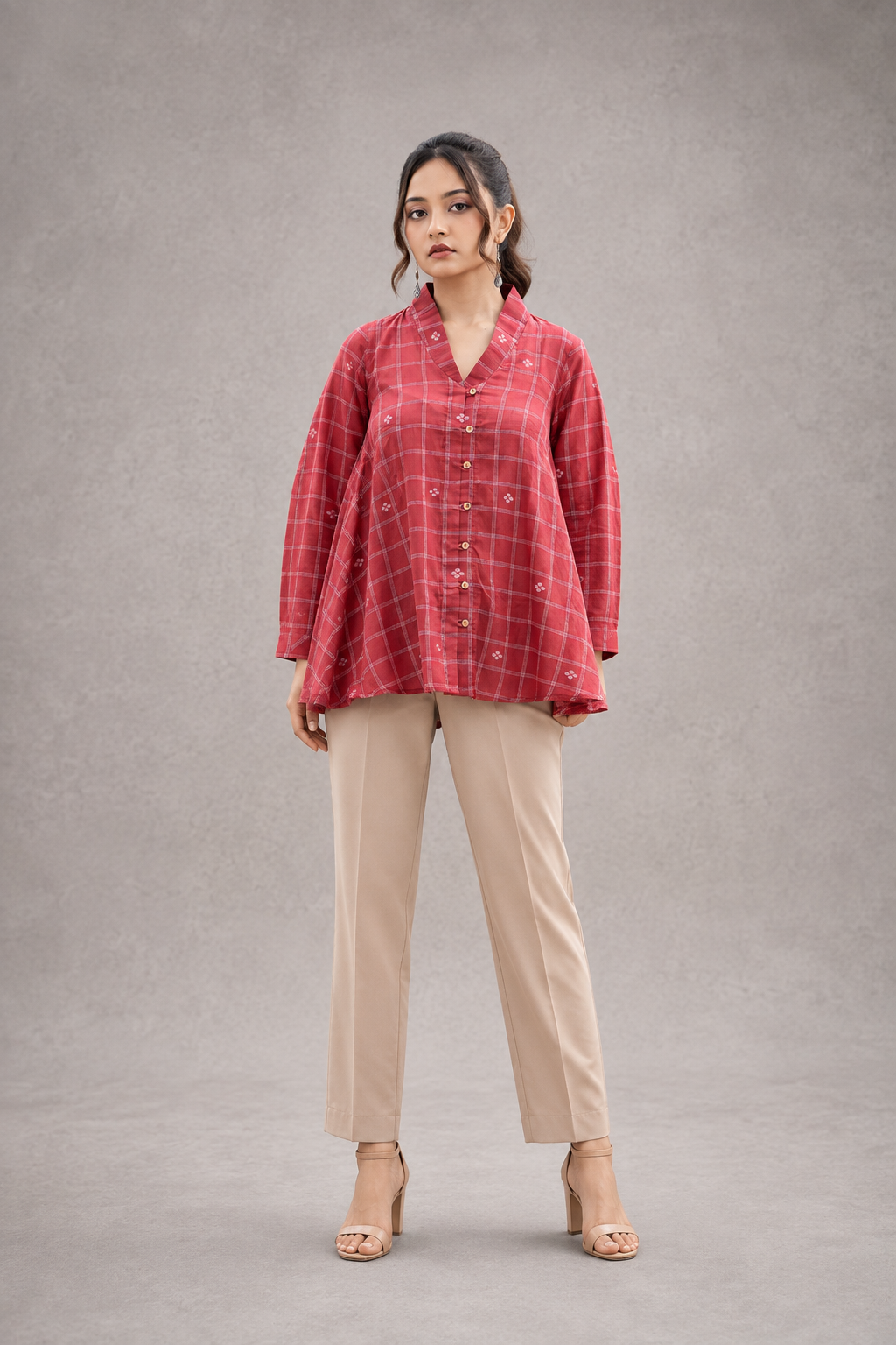 Red check handwoven pure cotton Jamdani top back view