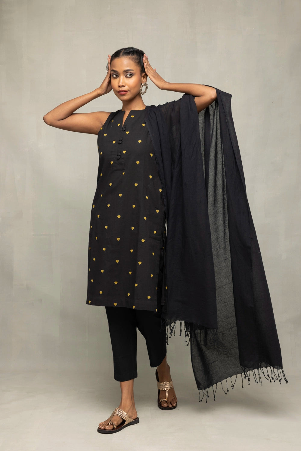 Romantic Black and Yellow Hearts South Cotton Co-ord Set for Valentines Wear