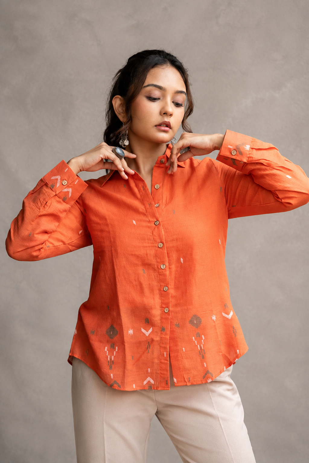 Rust orange Jamdani cotton shirt fabric detail