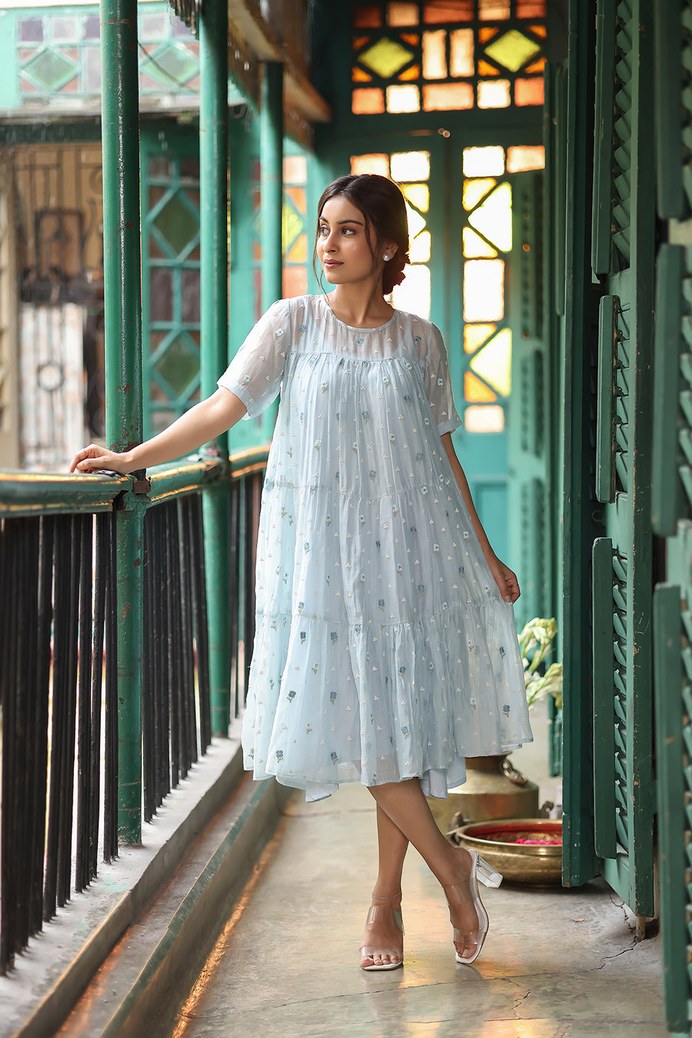 Blue Blossom Embriodered Mul Chanderi Dress