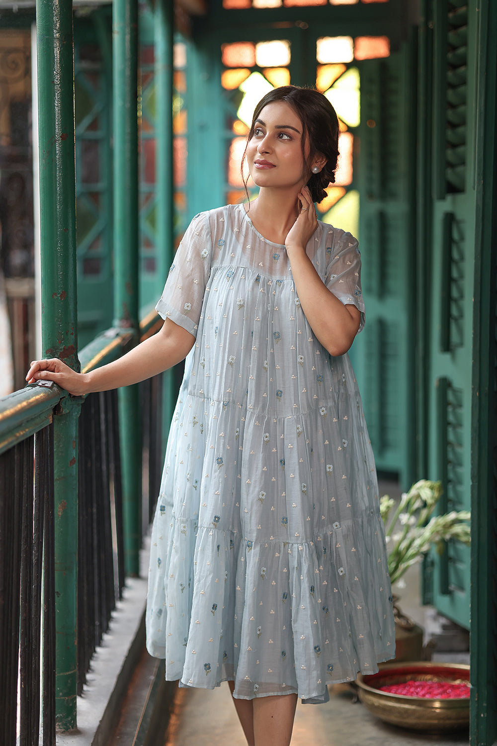 Blue Blossom Embriodered Mul Chanderi Dress