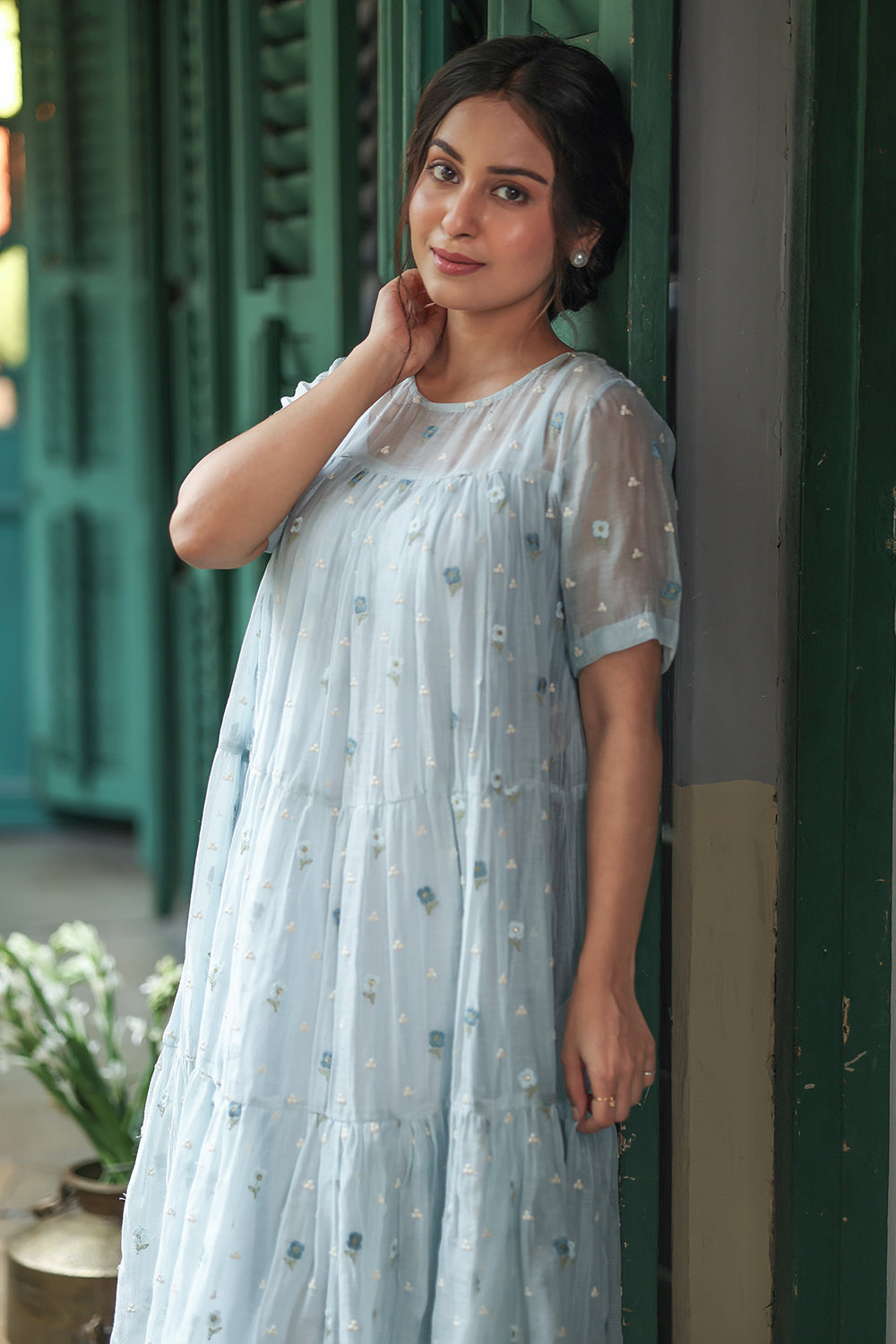 Blue Blossom Embriodered Mul Chanderi Dress