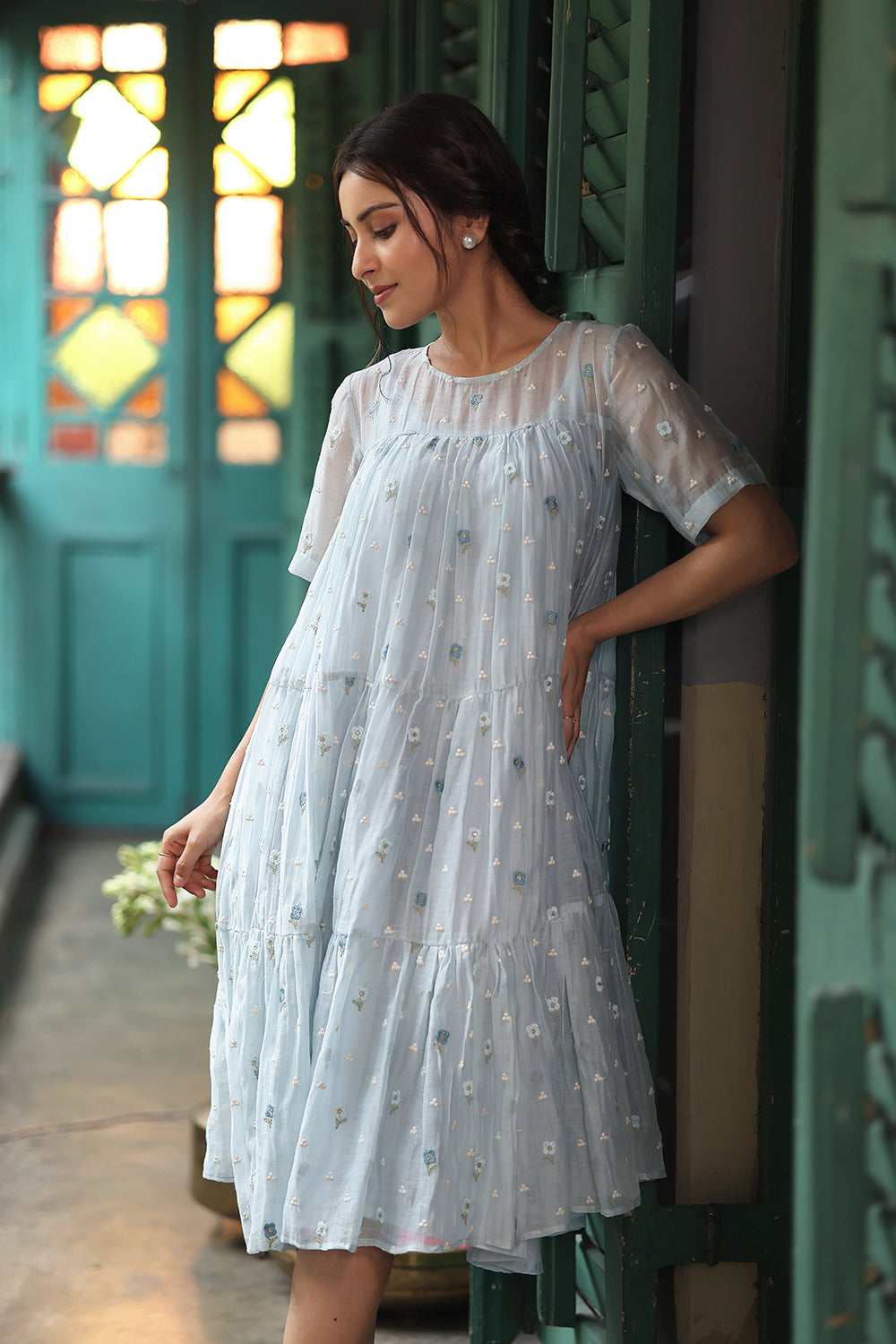 Blue Blossom Embriodered Mul Chanderi Dress