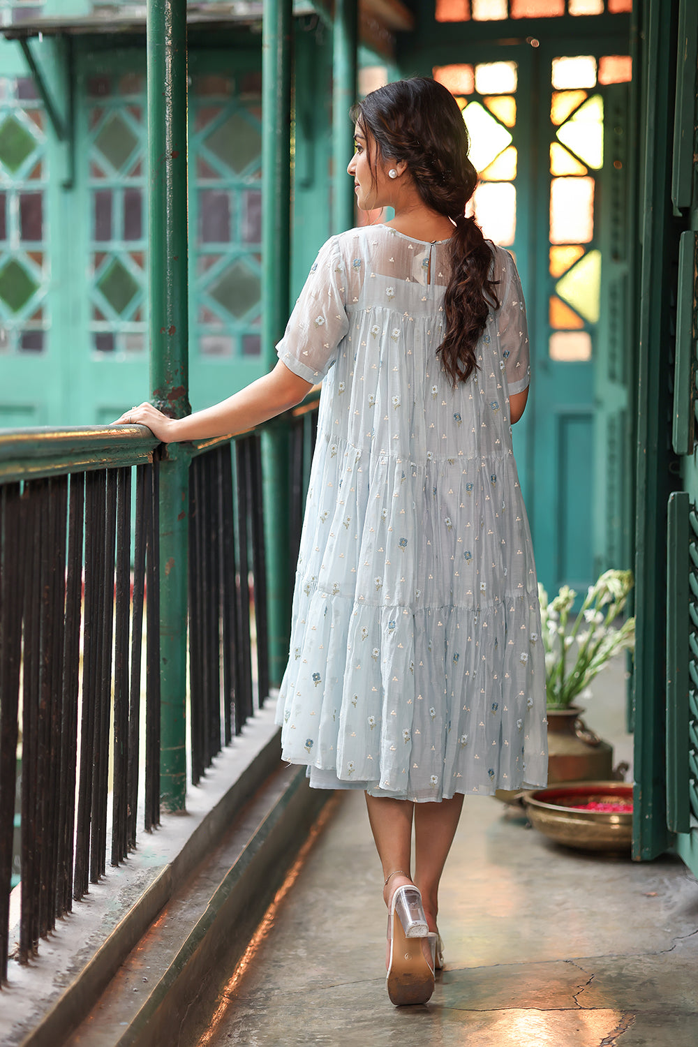 Blue Blossom Embriodered Mul Chanderi Dress